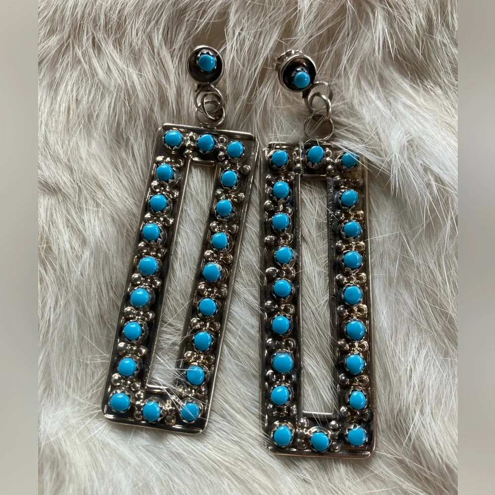 Zuni Turquoise Rectangular Drop Earrings - Picture 3 of 6